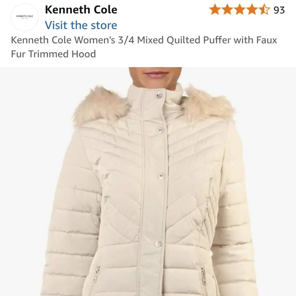 Kenneth Cole Women's Quilted Puffer Jacket with Faux Fur Trimmed Hood